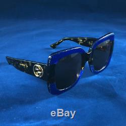 Authentic Gucci GG0083S 003 Squared Blue Havana Brown Sunglasses Women NEW 55MM