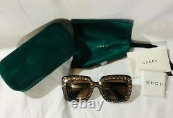 Authentic New Gucci GG0148 S 001 Sunglasses Crystal Havana Frame Brown Lens