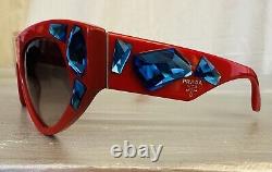 Authentic PRADA Red Sunglasses SPR 21Q Women Cat Eye Blue Crystal Stones, ITALY