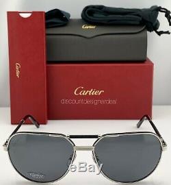 Cartier Première Sunglasses CT0053S 002 Black Leather Silver Gray Polarized 61mm