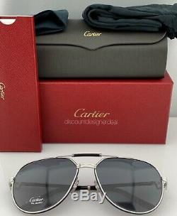 Cartier Première Sunglasses CT0053S 002 Black Leather Silver Gray Polarized 61mm