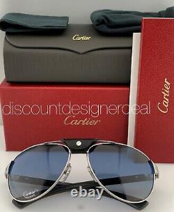 Cartier Santos Sunglasses Silver Carbon Wood Blue Polarized Lens CT0088S 002 61