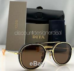 DITA SPACECRAFT Round Sunglasses Matte Black Yellow Gold Frame Brown Lens NEW 52