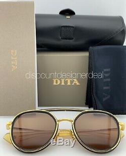 DITA SPACECRAFT Round Sunglasses Matte Black Yellow Gold Frame Brown Lens NEW 52