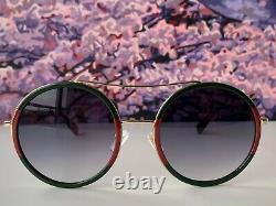 Gucci GG0061S 003 Gold Red Green Round Frame Gray Lens Unisex Sunglasses