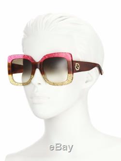 Gucci GG0083S 002 Sunglasses Rose Yellow Glitter Frame Brown 55mm