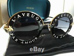 Gucci GG0113S 001 Black Gold Sunglasses 44mm L'AVEUGLE PAR AMOUR. Authentic New