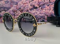 Gucci GG0113S 001 Black Gold Sunglasses Gray Lens L'Aveugle Par Amour