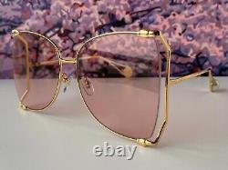 Gucci GG0252S Gold Frame Pink Lens Women's Oversize Sunglasses Butterfly