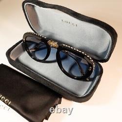 Gucci GG0307S 56mm Foldable Aviator Sunglasses in Black w. Crystals and Blue Lens