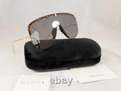 Gucci GG0667S 667 001 Black Gold Grey Lens Women Sunglasses Large Shield Authent
