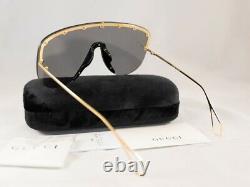 Gucci GG0667S 667 001 Black Gold Grey Lens Women Sunglasses Large Shield Authent