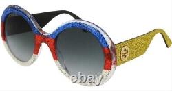 Gucci GG 0101S 006 Round Glitter Red Blue Gold / Grey Gradient Sunglasses NWT