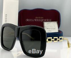 Gucci Square Oversized Sunglasses GG0499S 001 Black Frame Gold Temple Gray Lens