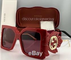 Gucci Square Oversized Sunglasses GG0535S 005 Red Frame Gold Accents Violet Lens