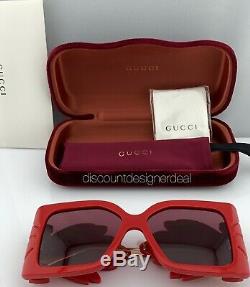 Gucci Square Oversized Sunglasses GG0535S 005 Red Frame Gold Accents Violet Lens