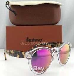 Illesteva Sunglasses LEONARD Round Clear Frame Pink Mirror Lens Leopard C. 25