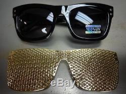 Men Women VINTAGE RETRO Style SUN GLASSES Black Frame Detachable Gold Mesh Cover