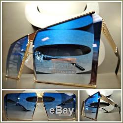Men or Women CLASSIC VINTAGE RETRO SHIELD Style SUN GLASSES Gold Frame Blue Lens