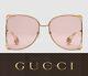 New Women's Gucci Gg0252s Oversize Round-frame Metal Gold / Pink Sunglasses