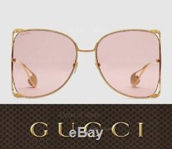 NEW Women's Gucci GG0252S Oversize Round-Frame Metal Gold / Pink Sunglasses