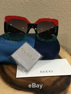 New Authentic GUCCI Glittered Gradient Oversize Square Sunglasses, Red/Blk/Grn