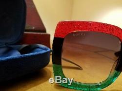 New Authentic GUCCI Glittered Gradient Oversize Square Sunglasses, Red/Blk/Grn