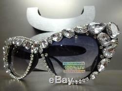 OVERSIZED VINTAGE RETRO CAT EYE Style SUN GLASSES Black Frame Crystals Stones