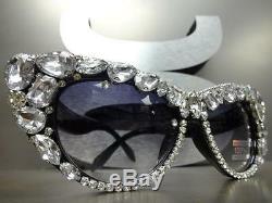OVERSIZED VINTAGE RETRO CAT EYE Style SUN GLASSES Black Frame Crystals Stones