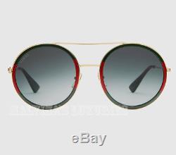 Unisex Gucci Sunglasses Gg0061s Round Frame Aviator Web Green Red Bee Detail