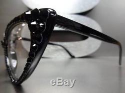VINTAGE 60's CAT EYE Style Clear Lens EYE GLASSES FRAMES Black Crystals Handmade