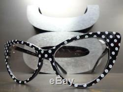 VINTAGE RETRO CAT EYE Style Clear Lens EYE GLASSES Black & White Polka Dot Frame