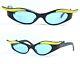 Vintage Cat Eye Sunglasses Yellow Black Party Rare Unused 1950's Blue Lenses Nos