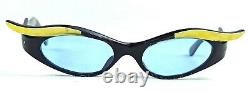 Vintage Cat Eye Sunglasses Yellow Black Party Rare Unused 1950's Blue Lenses Nos