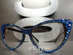 Women's VINTAGE 60's CAT EYE Style Clear Lens EYE GLASSES Blue Crystals Handmade