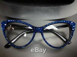 Women's VINTAGE 60's CAT EYE Style Clear Lens EYE GLASSES Blue Crystals Handmade