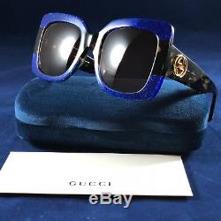 Authentique Gucci Gg0083s 003 Carré Bleu Havane Marron Lunettes De Soleil Femme Nouveau 55mm