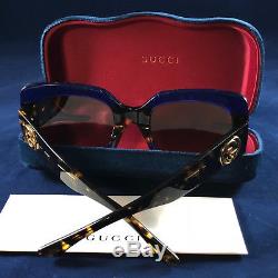 Authentique Gucci Gg0083s 003 Carré Bleu Havane Marron Lunettes De Soleil Femme Nouveau 55mm