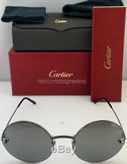 Cartier Panthère Ronde Lunettes De Soleil Gris Argent Titane Miroir 58mm Nouveau