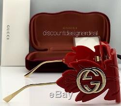 Gucci Lunettes De Soleil Carrées Surdimensionnées Gg0535s 005 Red Frame Or Accents Violet Lentille
