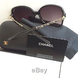 Nib Chanel 5210q 501 / 3c Cadres De Lunettes De Soleil En Cuir Noir / Or